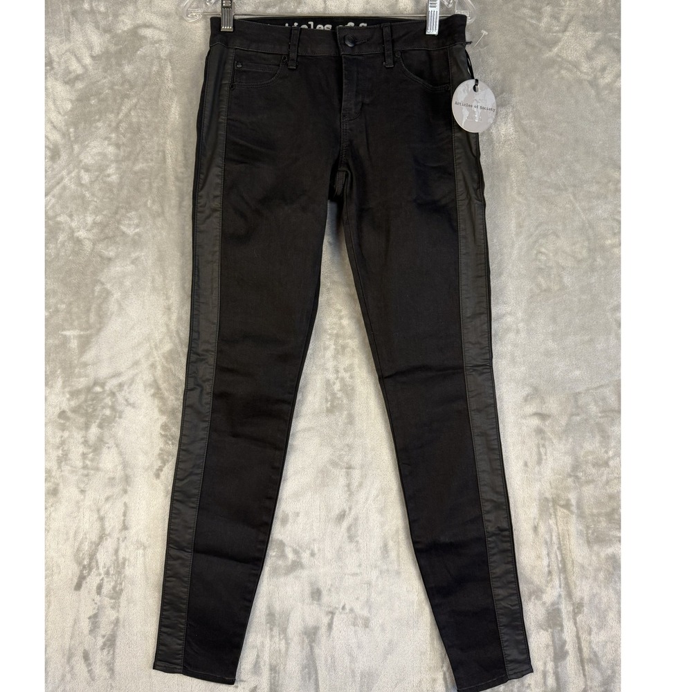 NWT Articles of Society Black Skinny Jeans with Faux Leather Side Stripe Size 25